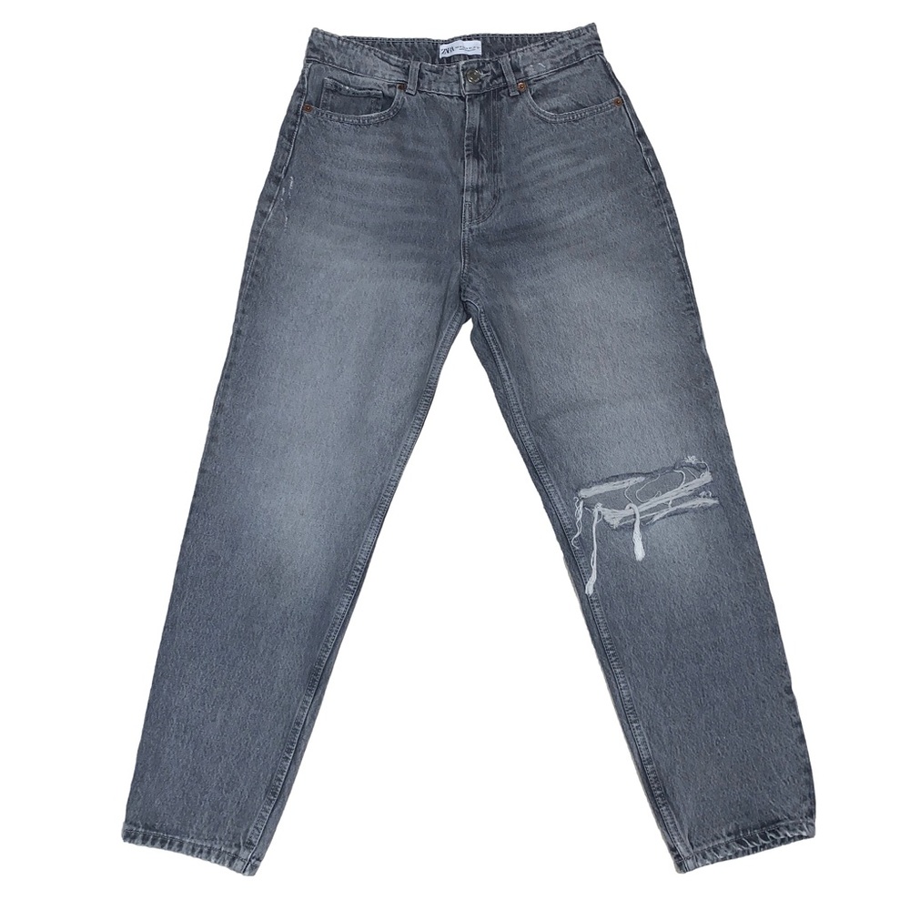Zara Gray Acid Wash High Rise Distressed Slim Straight Mom Denim Jeans